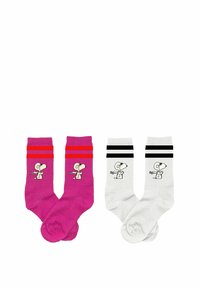 Zwei Paar Kniestrümpfe: ein pinkes Paar mit roten Streifen und Snoopy-Grafik sowie ein weißes Paar mit schwarzen Streifen und Snoopy-Grafik. Aus Baumwollgemisch.
