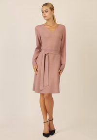 Rosa gestricktes Kleid mit V-Ausschnitt und langen Ärmeln. Mit einem taillierten Bund und schwingendem Rock, kombiniert mit schwarzen High Heels mit Knöchelriemen.