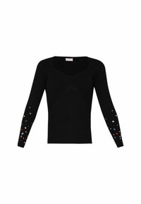 Pull noir côtelé avec un col en V et des manches longues, orné d'embellissements colorés le long des bords des manches.