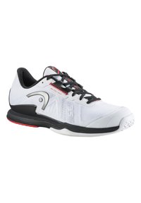 Weiße Sportschuhe mit schwarzen Akzenten, mesh Obergemisch, strukturierten Details und roten Highlights. Mit einer gebogenen schwarzen Sohle und einem Schnürsystem.