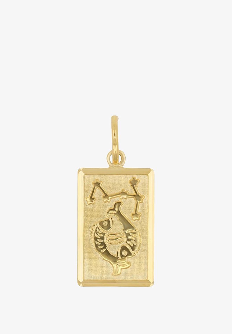 Pendentif doré de forme rectangulaire avec une surface texturée, un motif de poisson gravé et des accents de constellation.