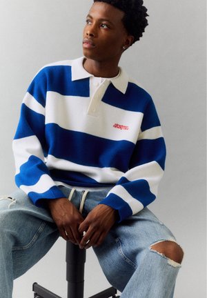 PULL&BEAR, STRIPED LONG SLEEVE KNIT - POLO SHIRT - Polo - mottled light blue