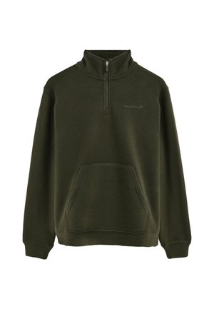 Sudadera de forro polar verde oscuro con cremallera de cuarto, bolsillo tipo canguro delantero y logo "Polo Club" en el pecho.