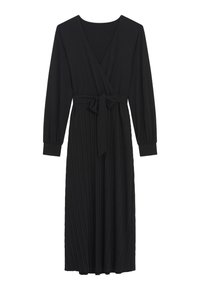 Schwarzes, langärmliges Kleid mit Wickeldesign, gefältelter Textur und gebundenem Taillenbund, gefertigt aus einem glatten Stoff, mit V-Ausschnitt.