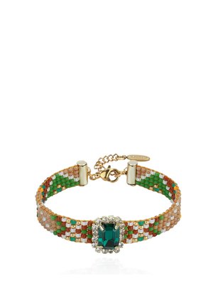 Beaded bracelet with green, white, brown, and orange beads, featuring a central green gem surrounded by clear rhinestones and a gold clasp.