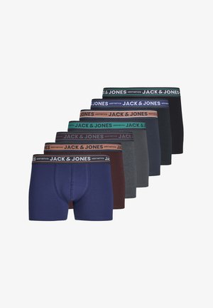 Caleçons-boxer en lot de cinq, présentant diverses couleurs : marine, bordeaux, gris, noir et vert. Chacun dispose d'une ceinture élastique avec logo.