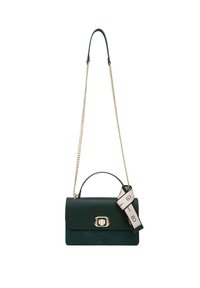 Borsa a mano in pelle verde scuro con forma strutturata, hardware dorato, manico superiore e tracolla a catena. Include un nastro decorativo in tessuto.