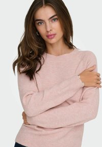 Pullover lavorato a maglia rosa chiaro con maniche lunghe e scollo rotondo. Tessuto morbido e vestibilità comoda, con dettagli a costine sull'orlo.