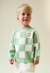 Grün-weißer karierten Pullover mit rundem Halsausschnitt und langen Ärmeln, mit einem kleinen braunen Smiley-Gesicht auf der Brust.