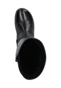 Botte en cuir noir avec une texture lisse, un bout arrondi et une fermeture éclair sur le côté. Présente une tige haute et un intérieur en tissu doux.
