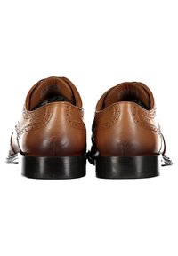 Brown leather dress shoes with a smooth texture, brogue detailing, and a black sole. Displayed from the back, showing the heel and stitching.