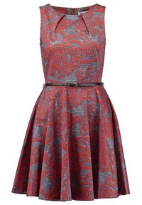 Robe grise sans manches avec des motifs floraux rouges complexes, une taille cintrée avec une fine ceinture noire et une jupe évasée.