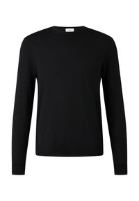 Czarny sweter z długim rękawem i okrągłym dekoltem. Wykonany z gładkiego materiału, ma ściągacze na rękawach i u dołu, bez widocznych wzorów czy akcentów.