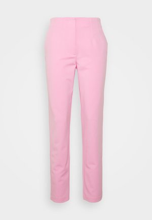 Pink tailored pants with a straight leg design, made from a lightweight fabric. Features front seams and no visible pockets.