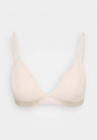Lace triangle bra in light beige with scalloped edges and thin straps, featuring a soft elastic band for comfort and support.