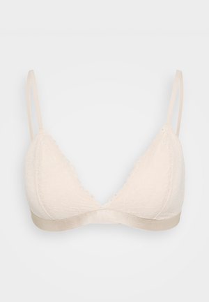 Spitzen-Dreiecks-BH in hellbeige mit gewellten Kanten und dünnen Trägern, ausgestattet mit einem weichen elastischen Band für Komfort und Unterstützung.