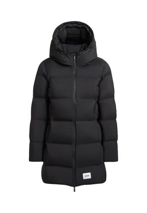 Black puffer coat with a high collar, zip closure, and a branded patch. Features a quilted design and a slightly loose fit for added warmth.