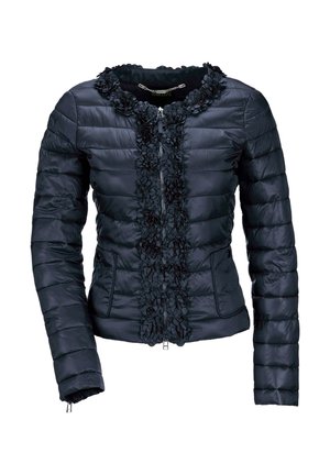 Dunkelblaues Puffer-Jacke mit einer taillierten Passform, strukturiertem Blumenverzierung an der Vorderseite, Reißverschluss und seitlichen Taschen.