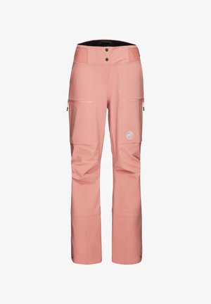 Vandtætte lyserøde skibukser har høj talje, lynlåsede lommer og forstærkede detaljer ved kanten for holdbarhed og funktionalitet.