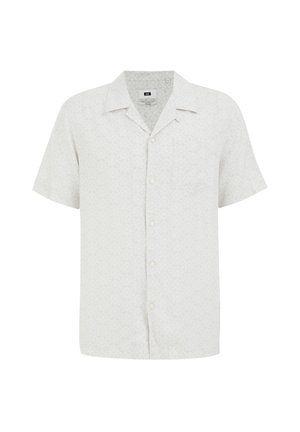 Lühikeste varrukatega helesinine särk peene geomeetrilise mustriga, millel on nööbiga esitasku.