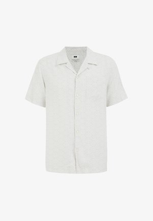 Rövid ujjú ing világosszürke anyagból, finom geometrikus mintázattal, gombos elejével és mellzsebével.