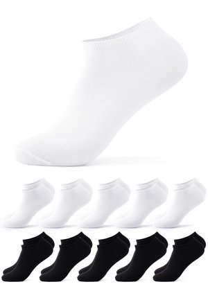 Ankle-length cotton socks in white and black, displayed in sets of five pairs, shown on a white background.