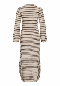 Langermet, beige midikjole med horisontale brune striper, tettsittende silhuett og en sideåpning, vist fra baksiden.