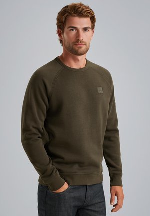 Olive green sweatshirt with a crew neckline and raglan sleeves, featuring a small logo patch on the chest and ribbed cuffs and hem.