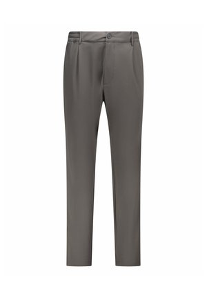 Pantaloni grigi a gamba stretta con chiusura a bottone, tasche laterali e fascia elasticizzata parziale in vita su sfondo bianco.
