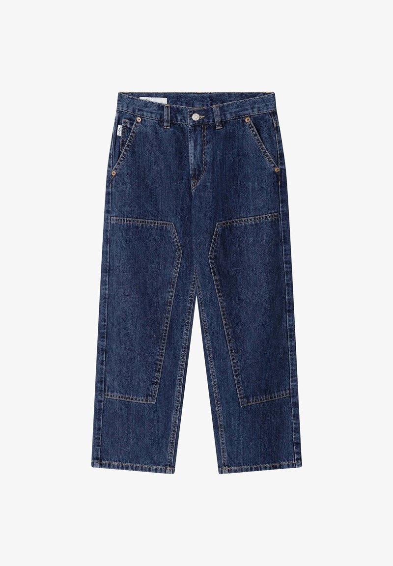 Tmavomodré denimové nohavice širokého strihu s uvoľneným strihom, ktoré majú dve predné vrecká a výrazné panelové detaily na nohách.