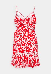 Rotes und weißes Blumenkleid mit rüschierten Trägern, einem taillierten Oberteil und einem ausgestellten Saum. Hergestellt aus leichtem Stoff mit einem lebhaften Blumenmuster.