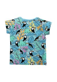 Short-sleeve t-shirt in light blue featuring a vibrant tropical print of toucans, green leaves, and colorful flowers. Cotton material.