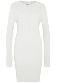 Weißes geripptes Strickkleid mit langen Ärmeln, Rundhalsausschnitt und taillierter Silhouette, das über verlängerte Bündchen verfügt. Weicher Griff und dehnbares Material.
