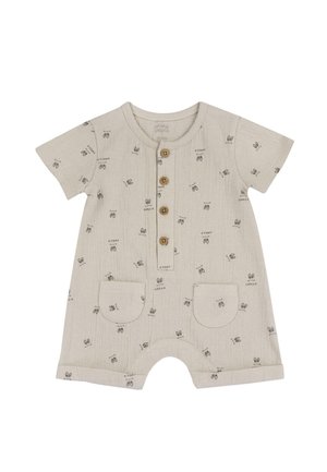 Tuta beige realizzata in tessuto morbido, con chiusura a bottoni sul davanti, maniche corte e due tasche frontali. Decorata con piccoli motivi a coniglietto.
