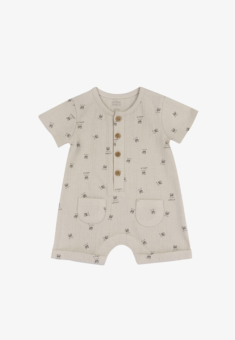 Combinaison beige en tissu doux, dotée d'une patte de boutonnage à l'avant, de manches courtes et de deux poches devant. Imprimée de petits motifs de lapin.