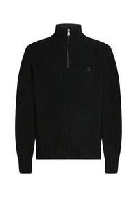 Pulover negru din tricot cu nervuri, cu guler înalt și fermoar, și mâneci lungi. Prezintă un logo subtil pe piept și un finisaj texturat.