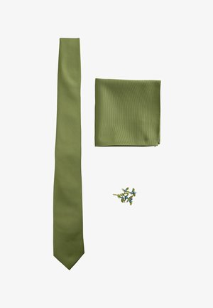 Olive green necktie with matching pocket square and a small blue floral lapel pin on white background.