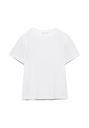 Enostavna bela majica kratkih rokavov z okrolim ovratnikom in ravnim spodnjim robom, prikazana na belem ozadju.