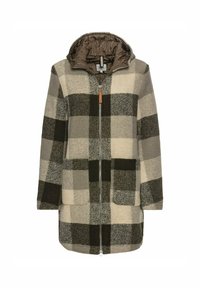 Karierter Mantel in einer Mischung aus Beige, Grau und Schwarz, mit Reißverschluss und Kapuze. Hergestellt aus weichem, strukturiertem Stoff mit zwei Fronttaschen.