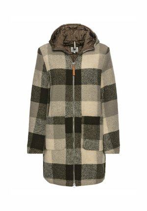 Geruite jas in een mix van beige, grijs en zwart, met een ritsluiting en een capuchon. Gemaakt van zachte, textuurstof met twee diepe zakken aan de voorkant.