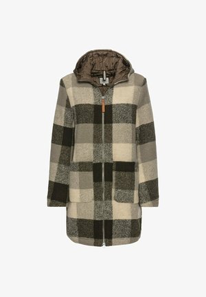 Geruite jas in een mix van beige, grijs en zwart, met een ritsluiting en een capuchon. Gemaakt van zachte, textuurstof met twee diepe zakken aan de voorkant.