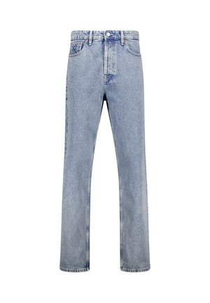 Jeans in denim azzurro chiaro con taglio dritto, dotati di un design a cinque tasche e cuciture a contrasto. Chiusura con bottone e zip.