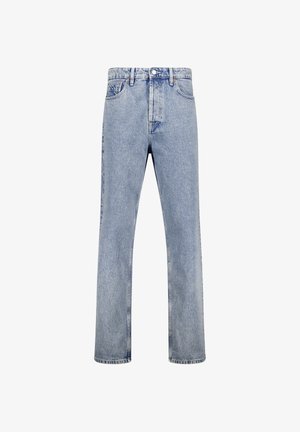 Jeans de mezclilla azul claro con corte recto, que cuentan con un diseño de cinco bolsillos y costuras en contraste. Cierre de botón y cremallera.