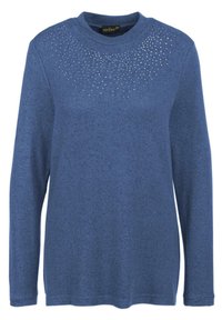 Blauer Langarmpullover aus strukturiertem Stoff, mit rundem Halsausschnitt und einem Muster aus Kristallen, die die obere Vorderseite akzentuieren.
