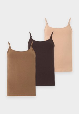 Drei Damen Slim-Fit-Camisoles in Beige, Dunkelbraun und Hellbraun mit verstellbaren Trägern, flach ausgelegt.