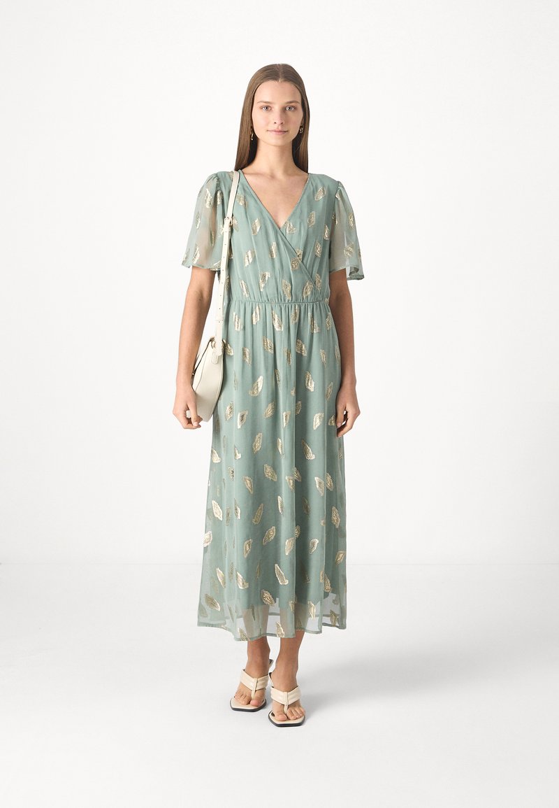 slim fit dress slacks Devina Shirred Cuff Wrap Dress in Green And Gold Foil – Girl In Mind main image 0