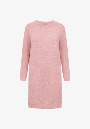 Roze gebreide jurk met lange mouwen, ronde hals, twee voorzakken en een subtiele hartdetail op de mouw. Zachte, gestructureerde stof.