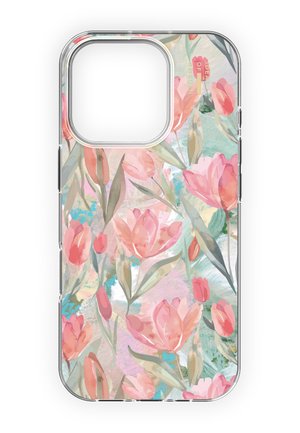 Klares Handyhülle mit rosa und korallenfarbenen Aquarell-Tulpen und grünen Blättern auf pastellfarbenem Hintergrund, gestaltet für eine Smartphone-Kameraöffnung.