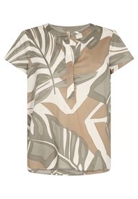 Camicia a maniche corte realizzata in tessuto leggero, con un motivo di foglie beige e verdi, dotata di bottoni sul davanti e collo rotondo.