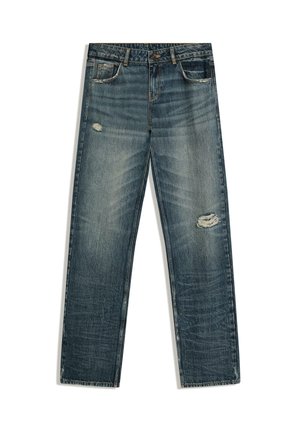 Kék, kifakult, egyenes szárú farmernadrág első zsebekkel, gombos záródással és kopott részletekkel a bal combon és a jobb térden.